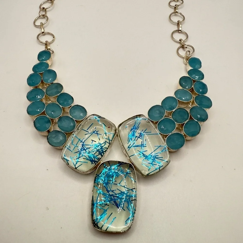Blue Rutilated Quartz, Blue Chalcedony 925 Sterling Silver Necklace
